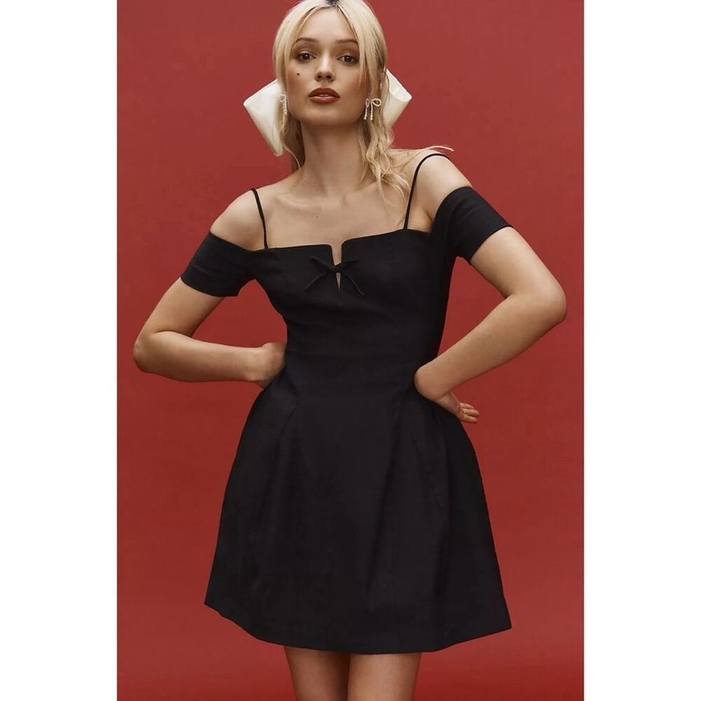 Anthropologie Maeve Bow Off-The-Shoulder Mini Dress in Black Small Whimsigoth